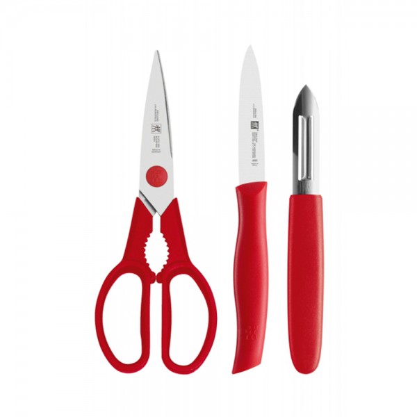 زويلنغ® Color Set 3Pcs Knife, Scissor & Grater ستانلس ستيل احمر وفضي